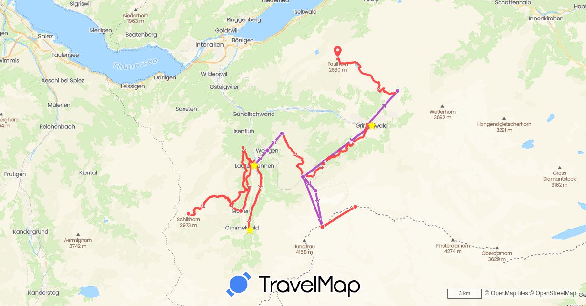 TravelMap itinerary: train, hiking in Switzerland (Europe)